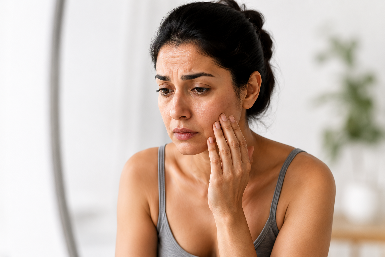 Woman with tired, dull, and aging skin — worried expression