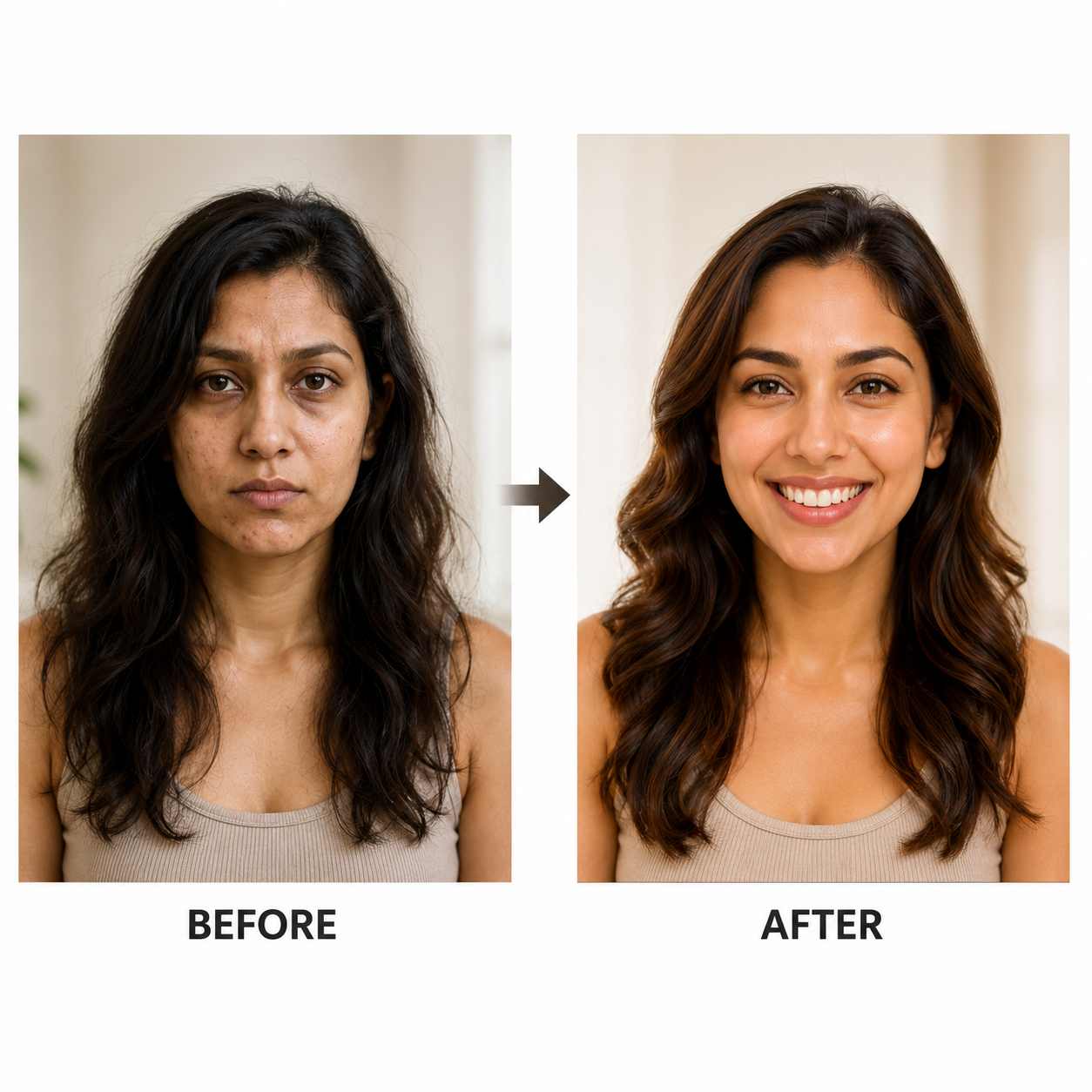 Before and after — woman looks 5-10 years younger after using The Age Reversal Formula